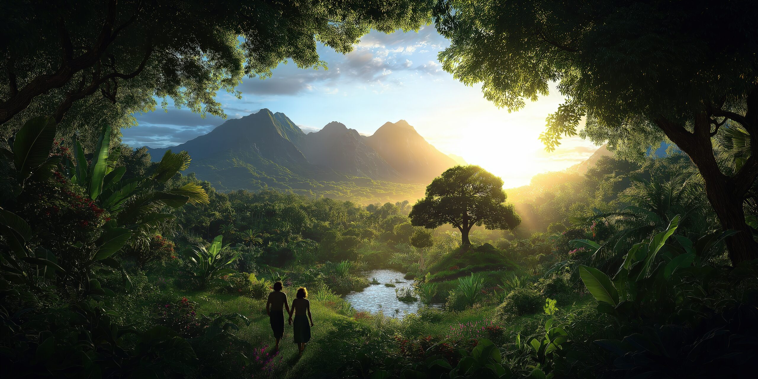Two people walk hand in hand through a lush sunlit garden toward a quiet pond beneath glowing mountains, picturing God’s desire to bless you in The Lord Bless You devotional by Terry A Smith