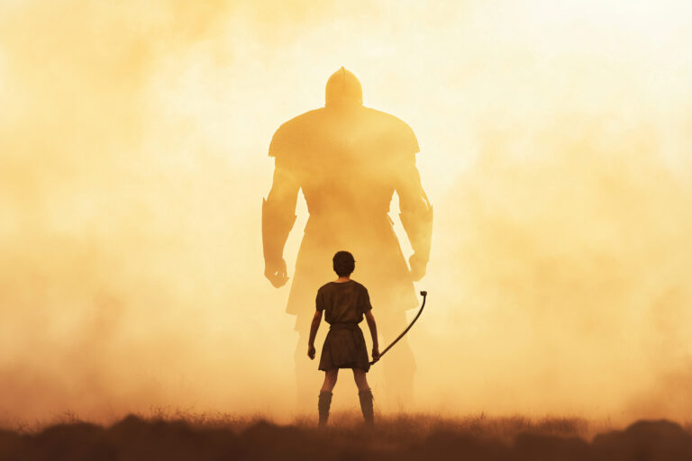 Young David stands small before a towering armored Goliath silhouetted in golden mist, picturing what David and Goliath teach about identity in Christ in Goliath Never Wins by Samuel Rodriguez